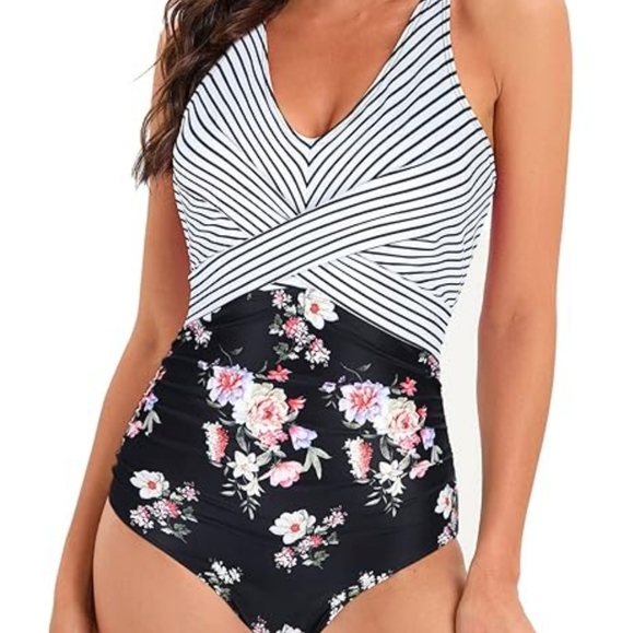 Floral and Striped One-Piece Swimsuit - Picture 3 of 3